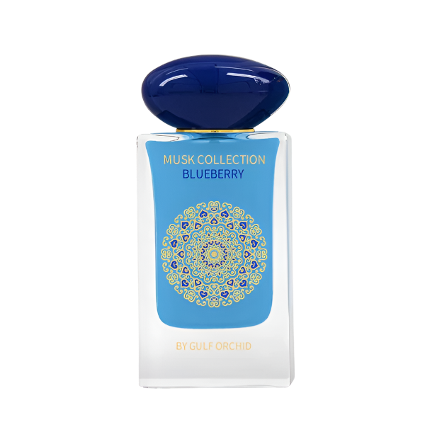 Blueberry Musk perfume by Gulf Orchid – elegant glass bottle with gold mandala design, surrounded by fresh blueberries and soft floral accents, representing a fruity musk fragrance ideal for gifting and everyday wear in Kenya