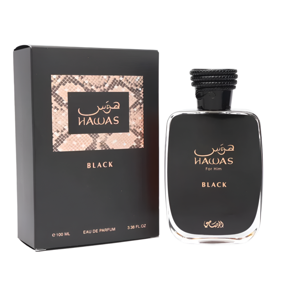 Hawas Black packaging – intense and elegant Rasasi perfume