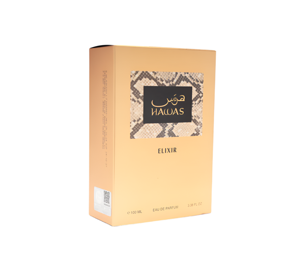 <img src="hawas-elixir-rasasi.jpg" alt="Hawas Elixir Eau de Parfum by Rasasi – 100ml men's fragrance in gold bottle with notes of lavender, mint, vanilla, benzoin, honey, tonka bean, and tobacco">