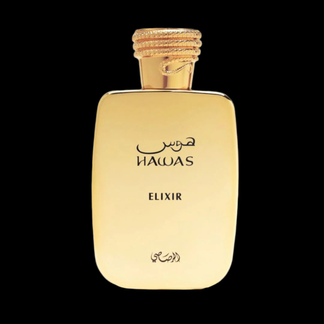 <img src="hawas-elixir-rasasi.jpg" alt="Hawas Elixir Eau de Parfum by Rasasi – 100ml men's fragrance in gold bottle with notes of lavender, mint, vanilla, benzoin, honey, tonka bean, and tobacco">