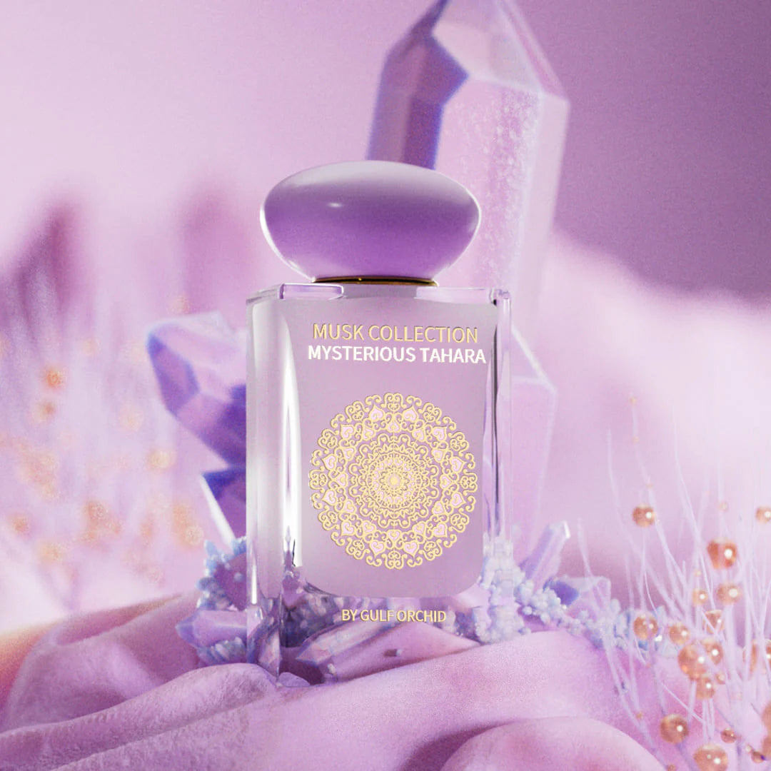 Mysterious Musk perfume by Gulf Orchid – elegant lavender glass bottle with gold mandala design, set against a soft gradient background, representing a clean white musk fragrance ideal for gifting and everyday elegance in Kenya