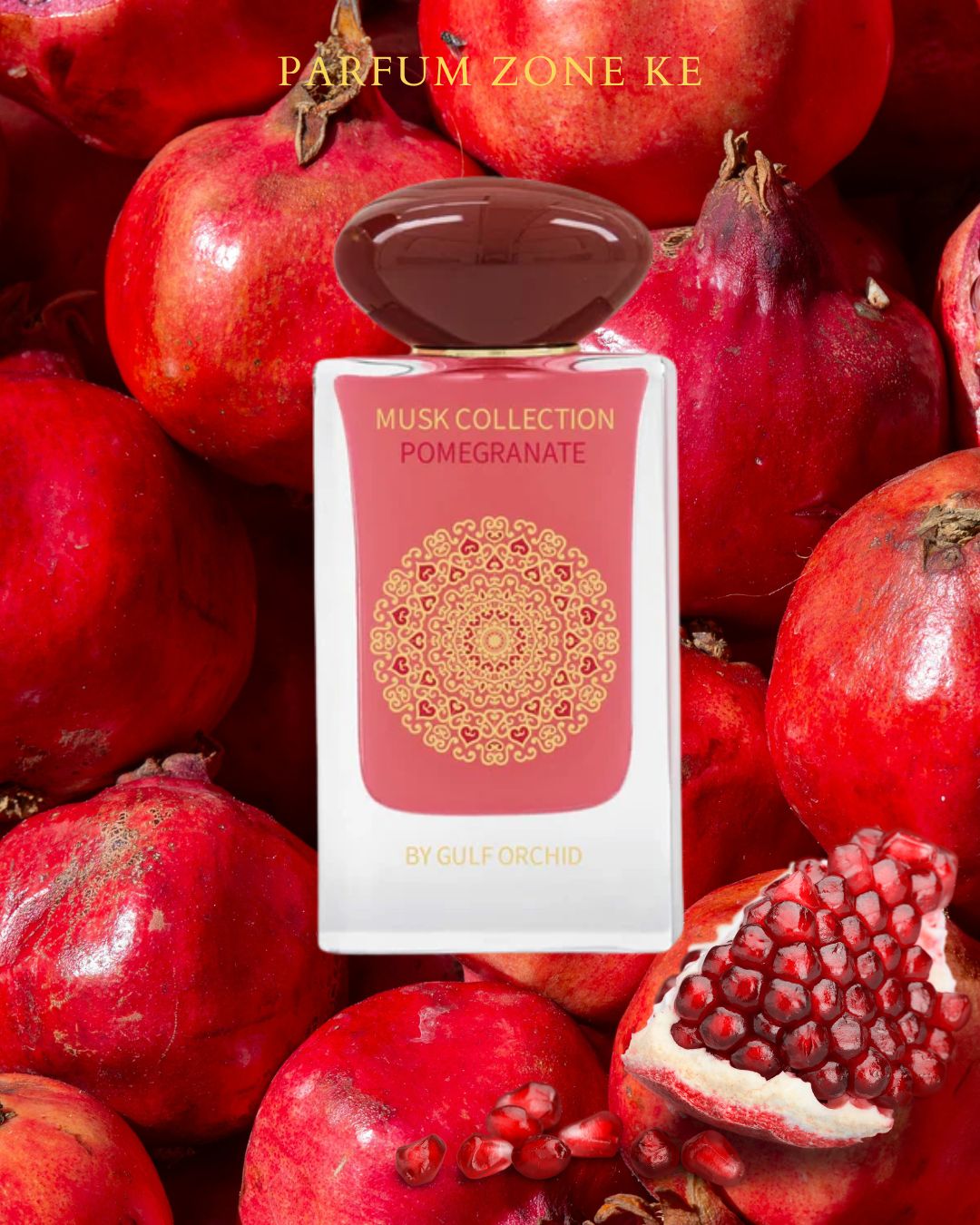 Musk Collection Pomegranate perfume by Gulf Orchid – elegant glass bottle with gold mandala design, surrounded by fresh ripe pomegranates, showcasing a fruity musk fragrance available at Parfum Zone Kenya
