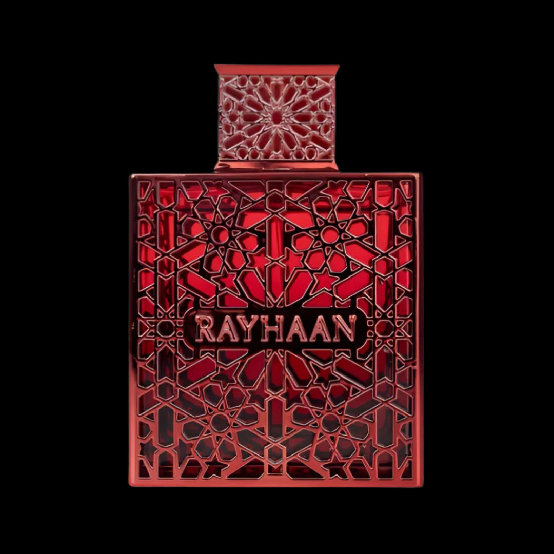 Rayhaan Crimson Eau de Parfum – a bold, unisex fragrance with spicy cinnamon, creamy sandalwood, and warm vanilla notes, captured in a sleek crimson bottle that radiates elegance and power.