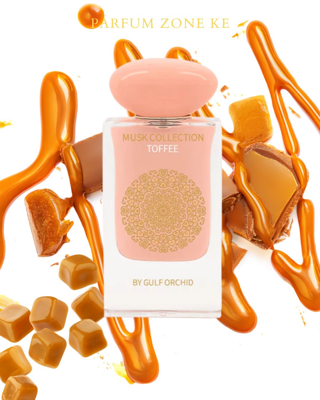 Toffee Musk perfume by Gulf Orchid – elegant bottle with warm amber tones, surrounded by caramel swirls and soft musk elements, showcasing a sweet and sophisticated fragrance available at Parfum Zone Kenya