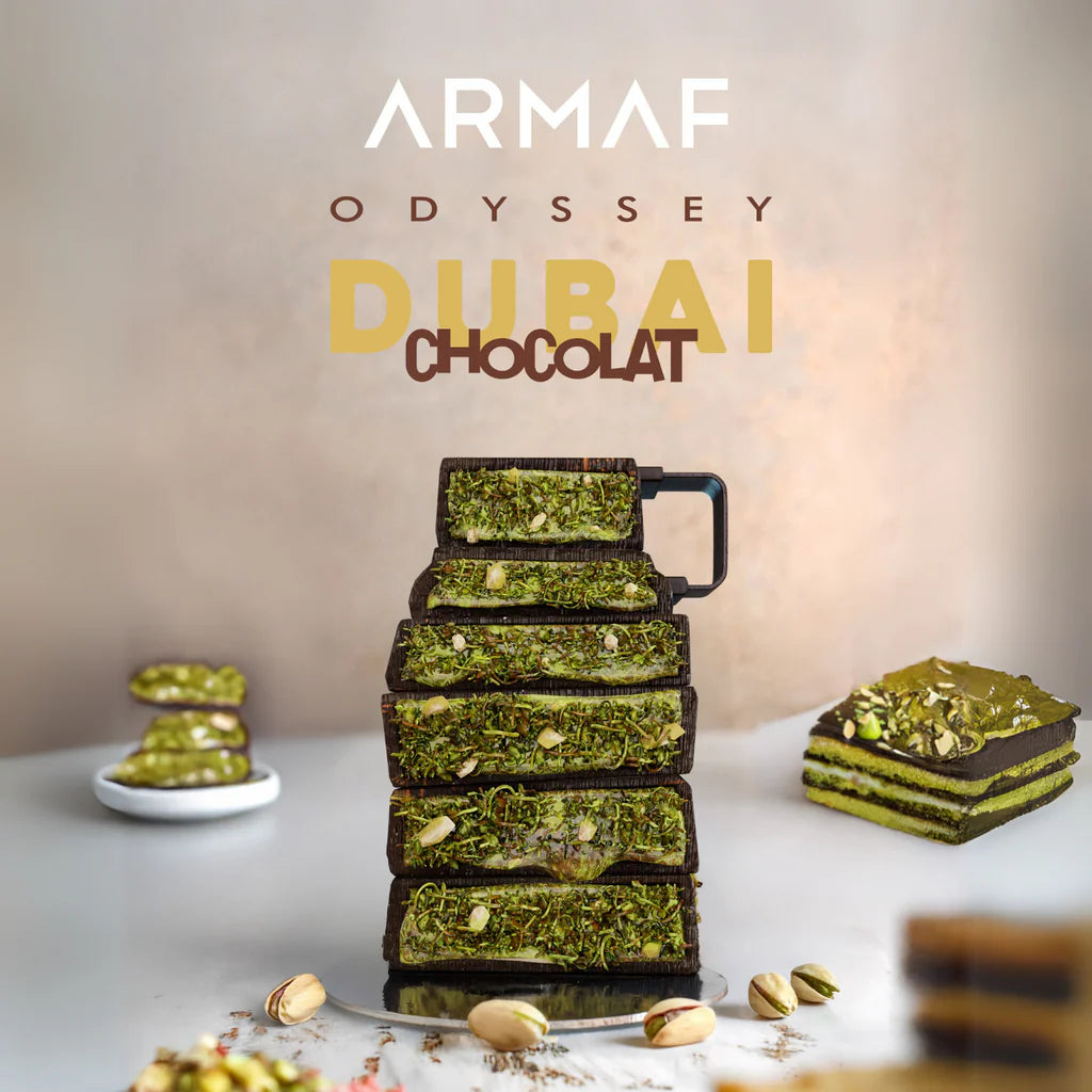 A tower of Dubai chocolate takes place of the perfume bottle odyssey Dubai chocolate by Armaf perfumes