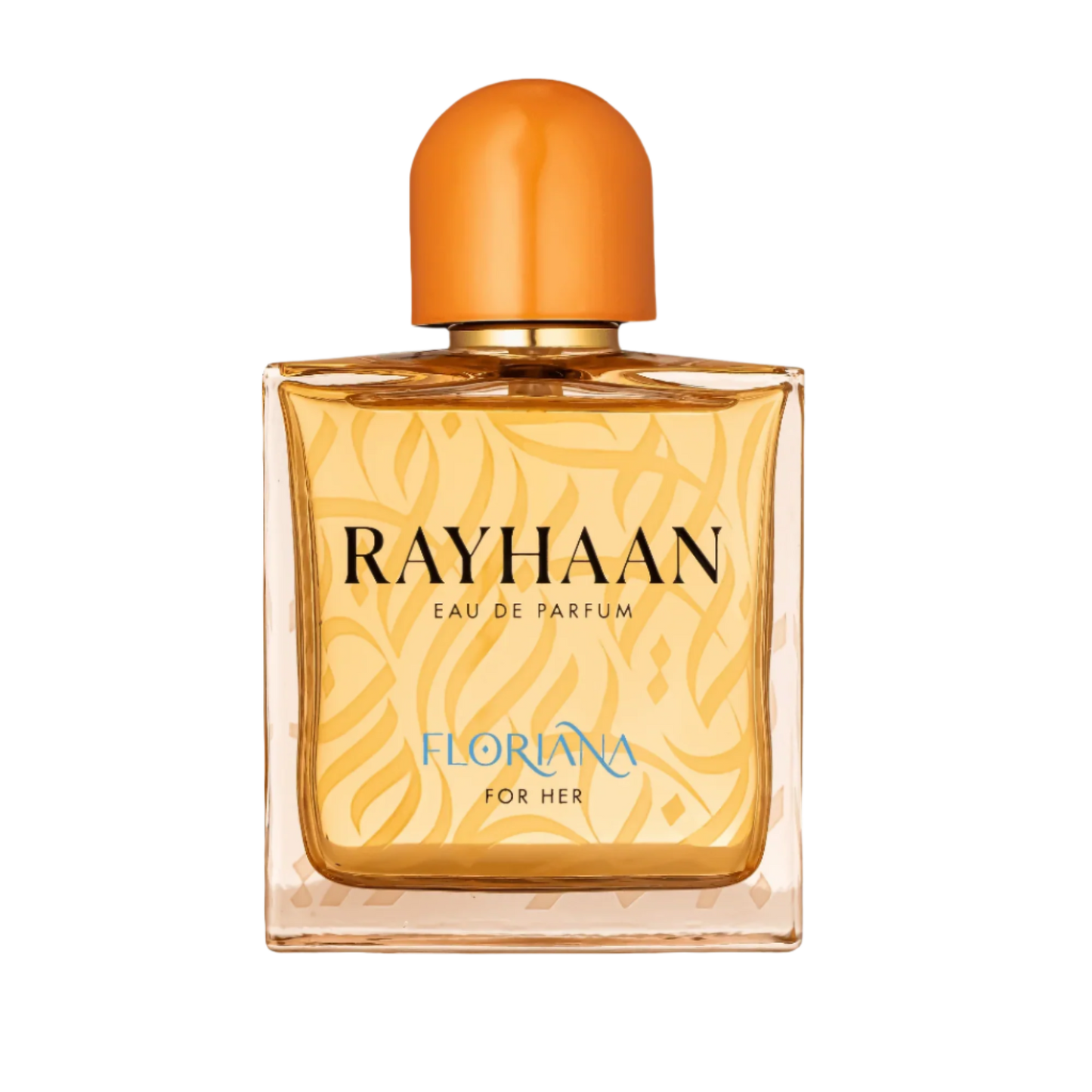 Floriana perfume by Rayhaan – elegant floral bottle with soft pink and gold accents, surrounded by orange blossoms and jasmine flowers, representing a romantic gourmand fragrance available at Parfum Zone Ke