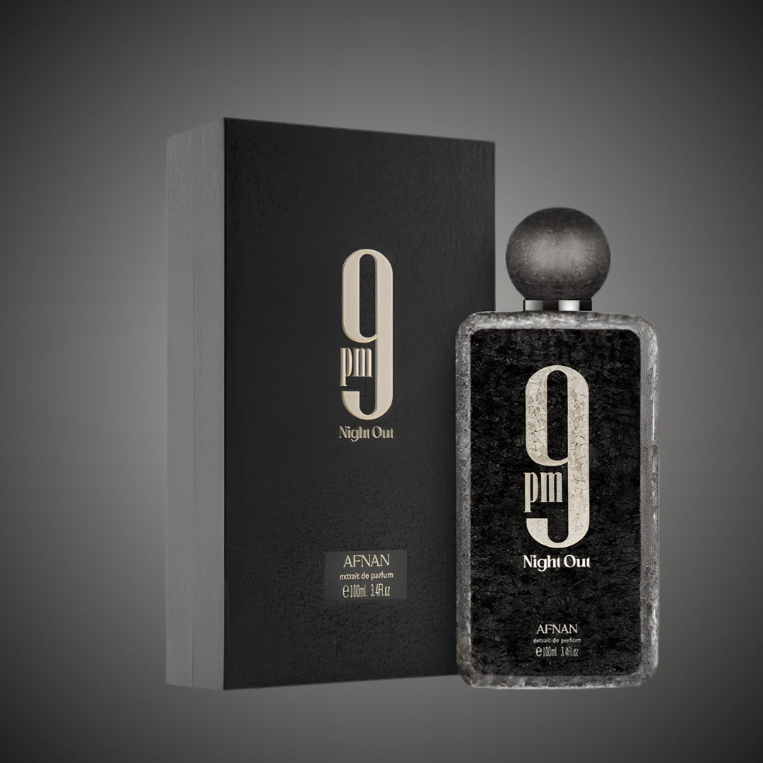 Afnan 9pm Night Out perfume bottle and packaging on a gray background