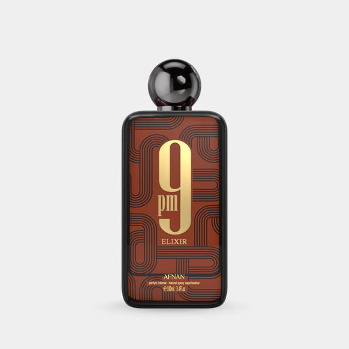 9pm Elixir perfume brown with gold front side bottle perfume image
