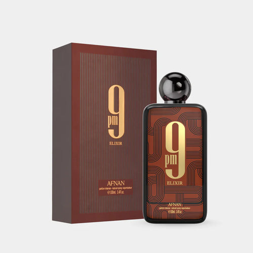 Afnan 9om Elixir perfume bottle and packaging on a white background