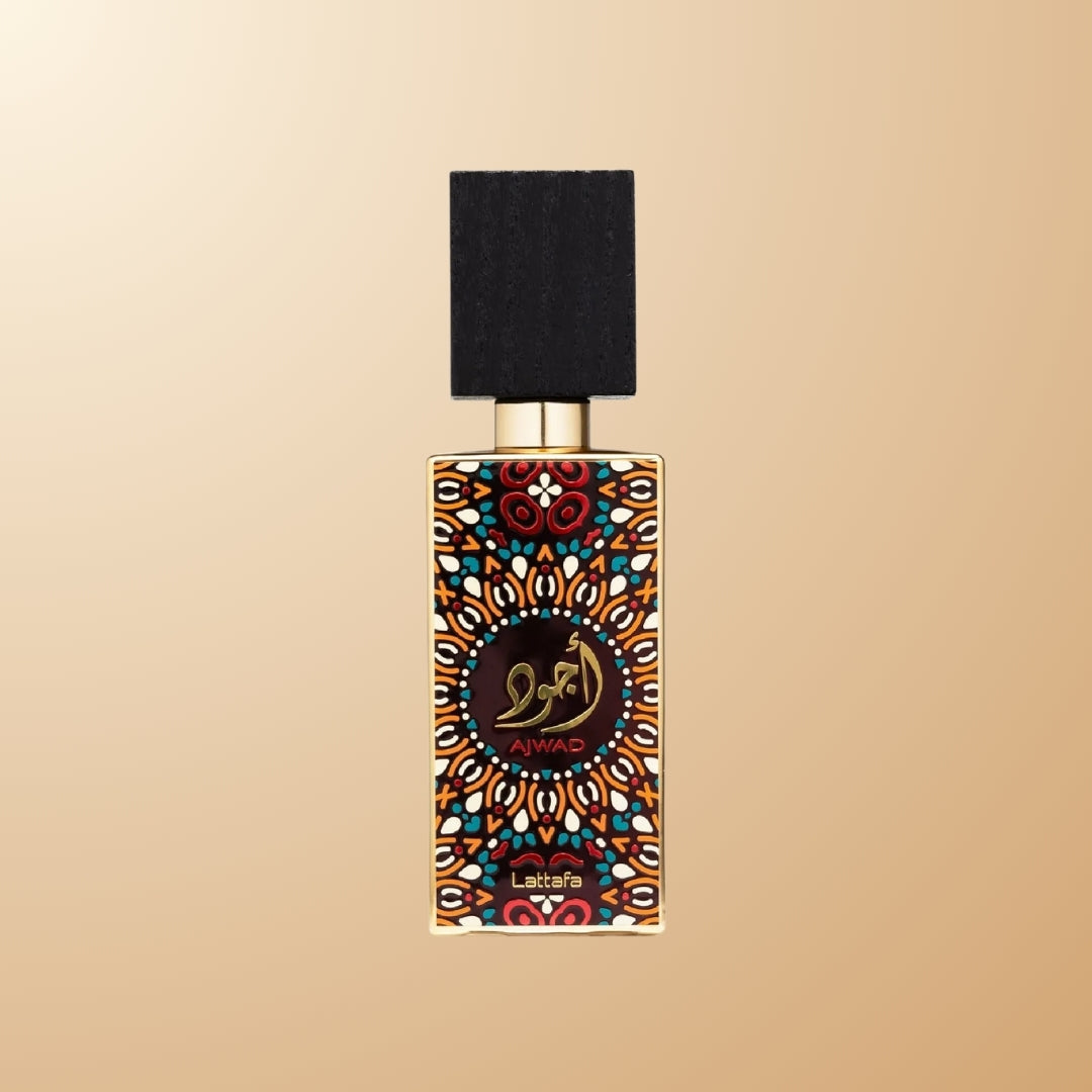 Ajwad by Lattafa 100ml EDP mosaic patterned bottle with black cap and gold accents – sweet oriental amber fragrance, buy in Nairobi, Kisumu, Lamu | Parfum Zone Kenya