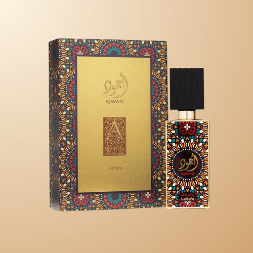 Ajwad Lattafa 100ml EDP gold mosaic box packaging and bottle – rose jasmine vanilla amber perfume available in Nairobi, Mombasa, Malindi | Parfum Zone Kenya