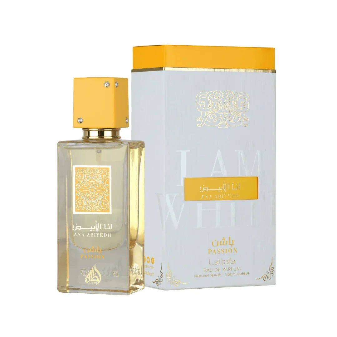 Ana Abiyedh Passion Perfume by Lattafa perfume and box packaging front side image