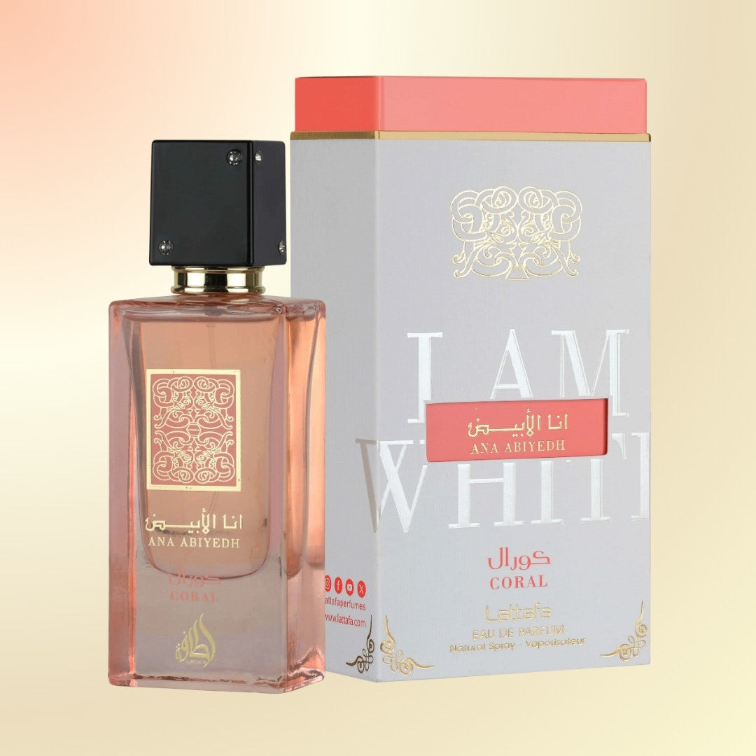 Perfume bottle and packaging with 'I Am White' branding on a beige background