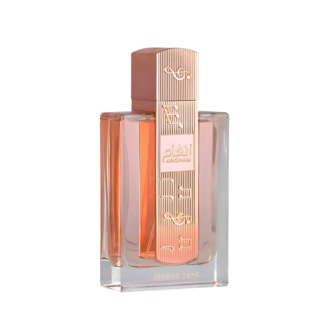 Angham Second Song perfume bottle with rose gold accents and clear glass design