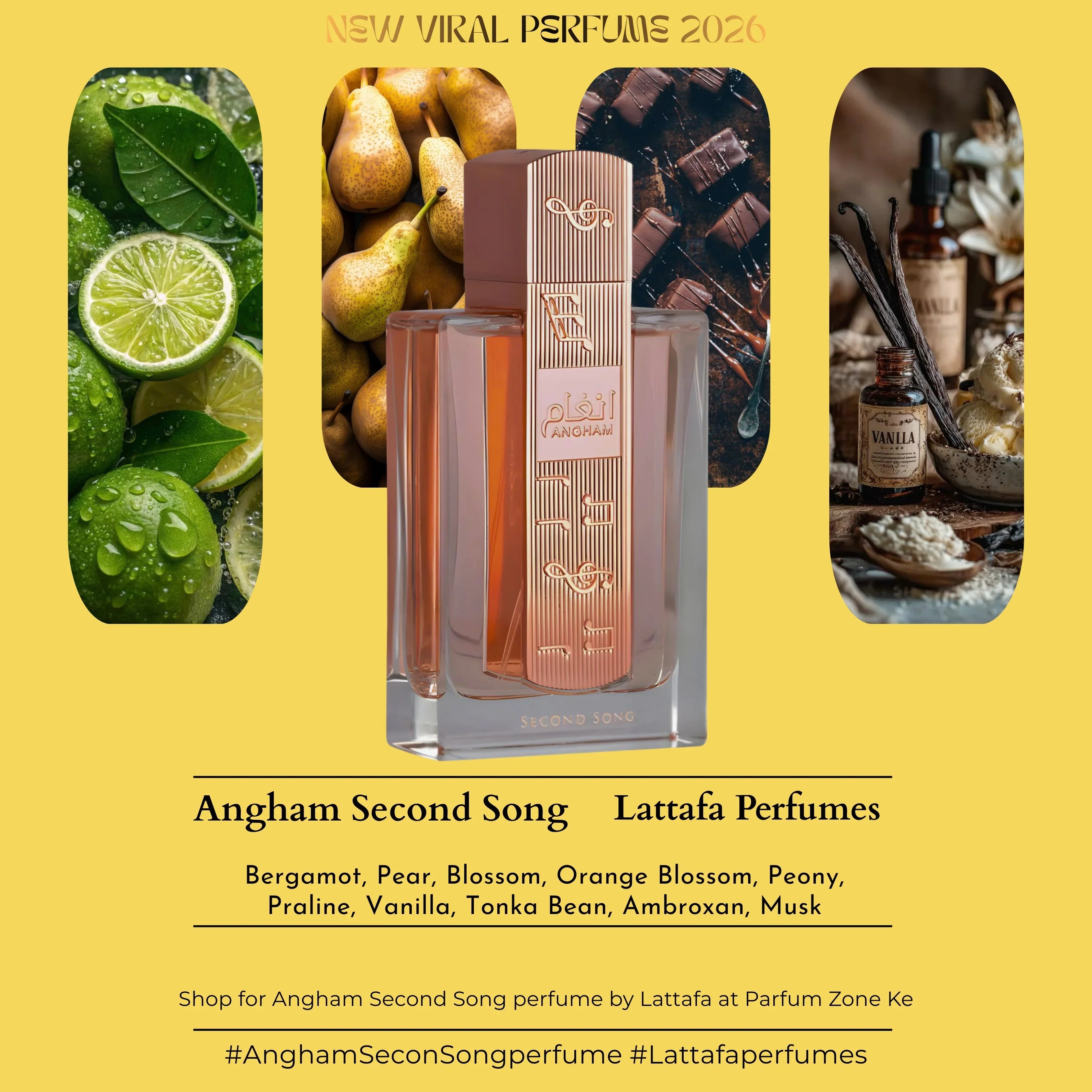 Angham Second Song Lattafa perfume bottle with citrus, pear, chocolate, and vanilla notes