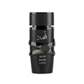 Asad Elixir perfume 2025 release by Lattafa, sleek black bottle on black background