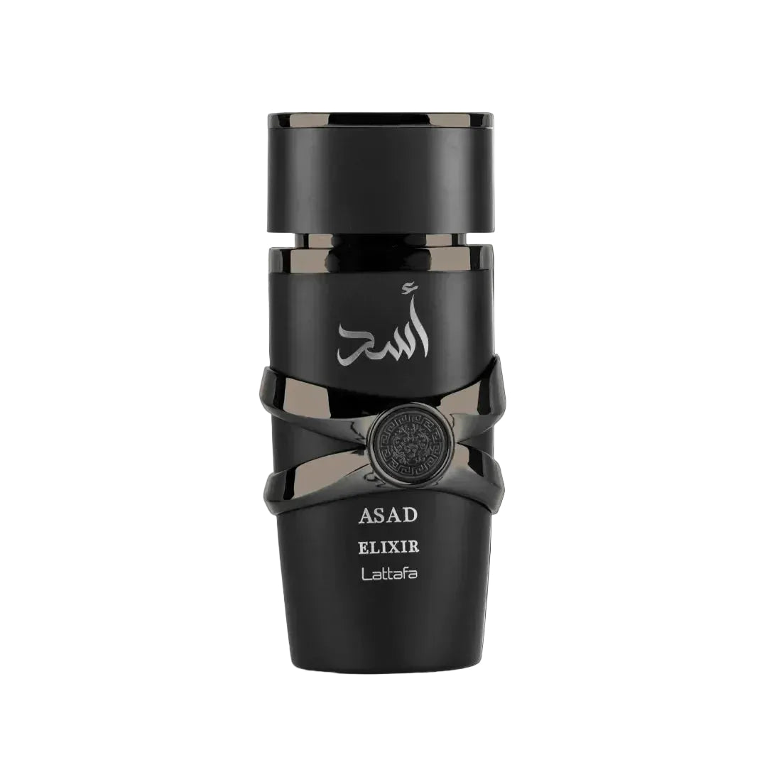 Asad Elixir perfume 2025 release by Lattafa, sleek black bottle on black background