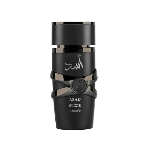 Asad Elixir perfume 2025 release by Lattafa, sleek black bottle on black background