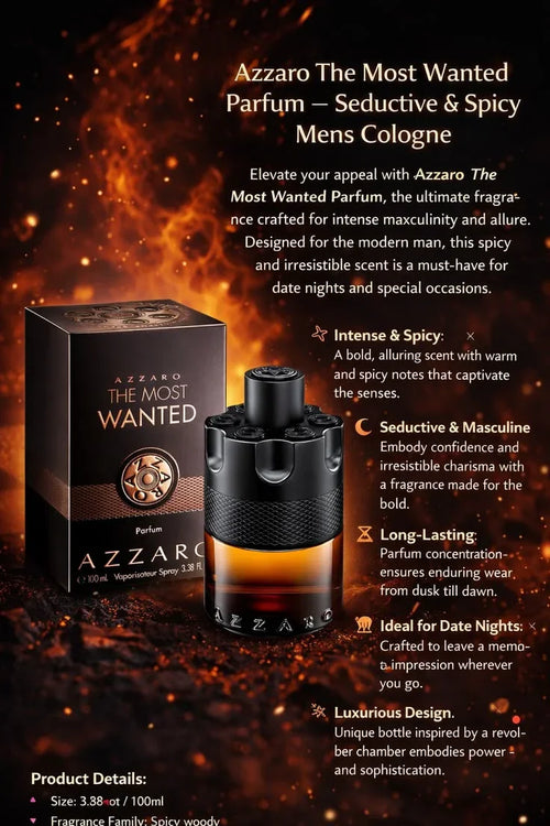 Azzaro The Most Wanted parfum bottle and box, spicy masculine cologne for men, fiery background