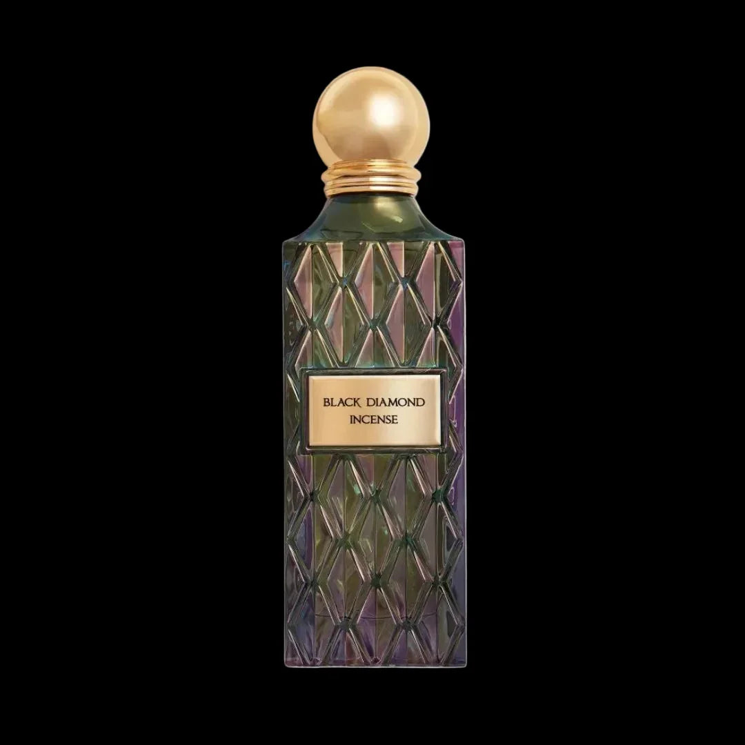 Black Diamond Incense perfume bottle with gold label and textured glass design