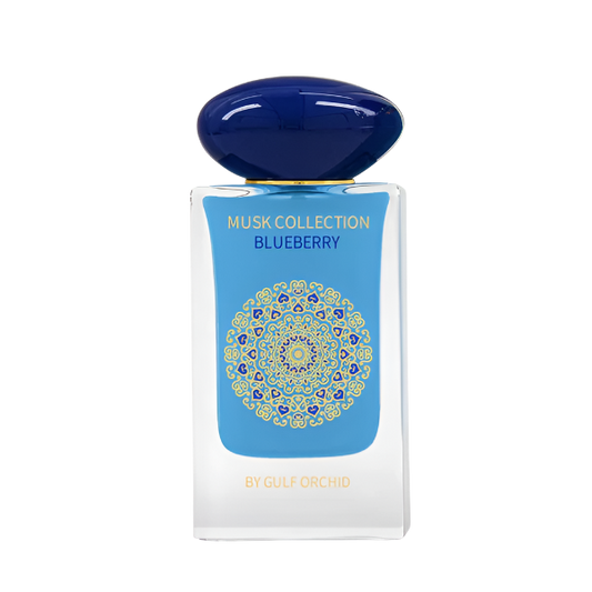 Blueberry Musk perfume by Gulf Orchid – elegant glass bottle with gold mandala design, surrounded by fresh blueberries and soft floral accents, representing a fruity musk fragrance ideal for gifting and everyday wear in Kenya