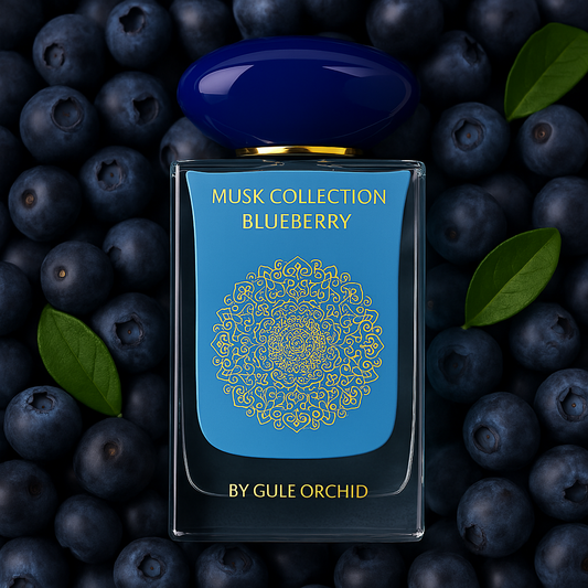 Blueberry Musk perfume by Gulf Orchid – elegant glass bottle with gold mandala design, surrounded by fresh blueberries and soft floral accents, representing a fruity musk fragrance ideal for gifting and everyday wear in Kenya