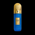 Brazilian Tobacco perfume bottle with gold cap and blue ribbed design on black background