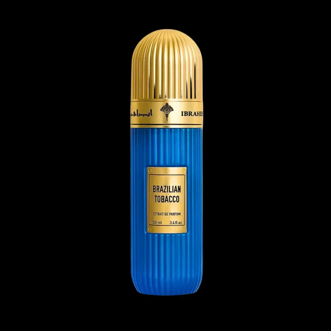 Brazilian Tobacco perfume bottle with gold cap and blue ribbed design on black background