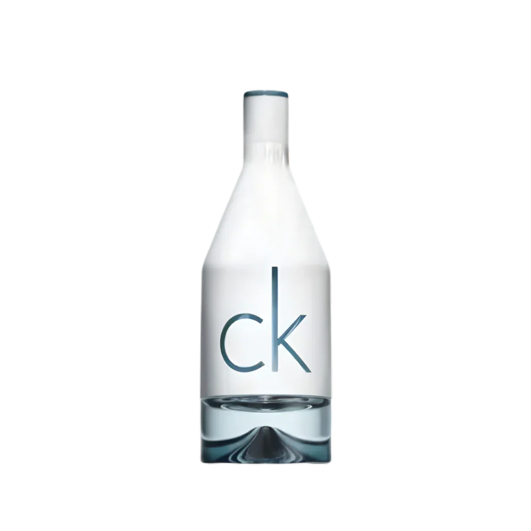 Clear perfume bottle with 'ck' lettering on frosted glass, luxury fragrance product