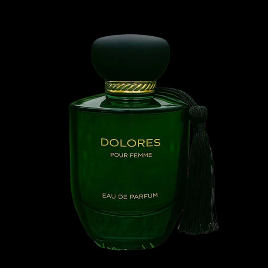 Green perfume bottle with gold accents labeled 'Dolores Pour Femme' on a white background