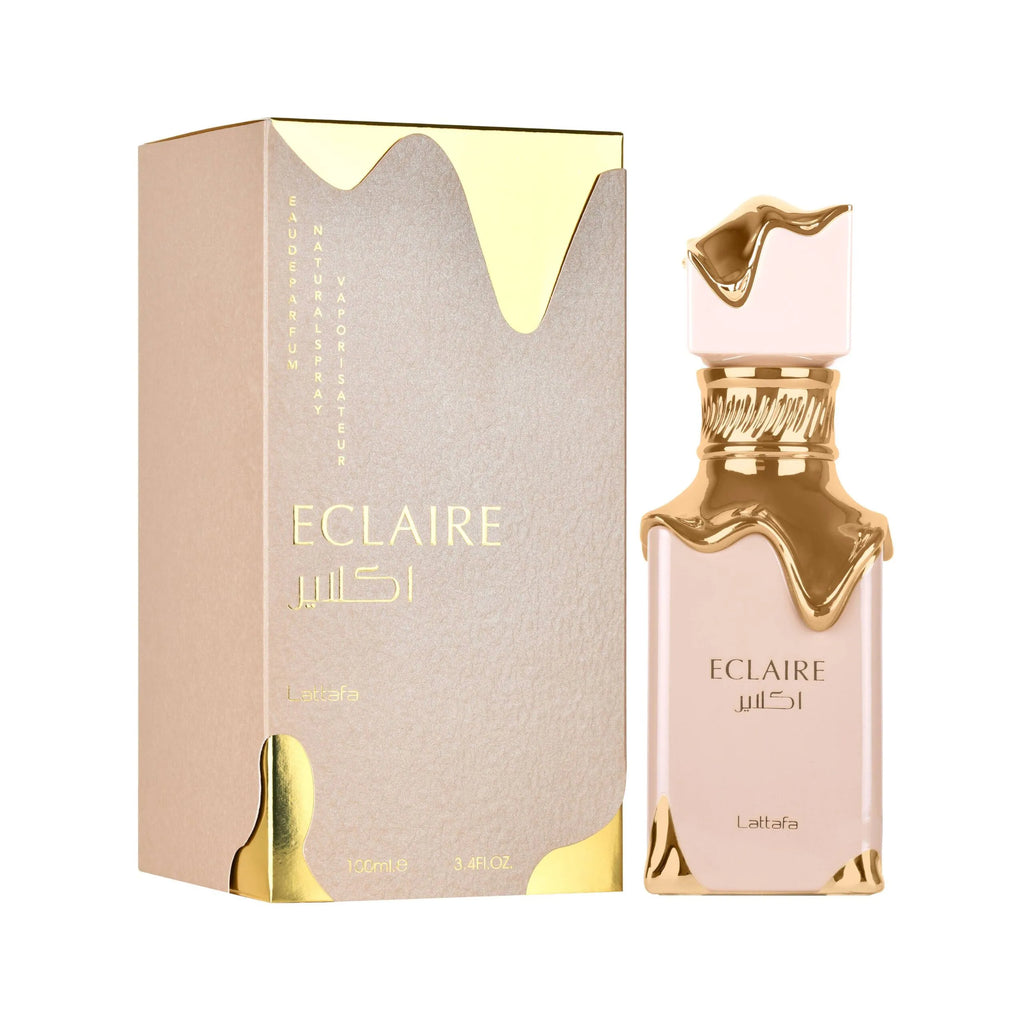 Eclaire perfume bottle and packaging on a white background