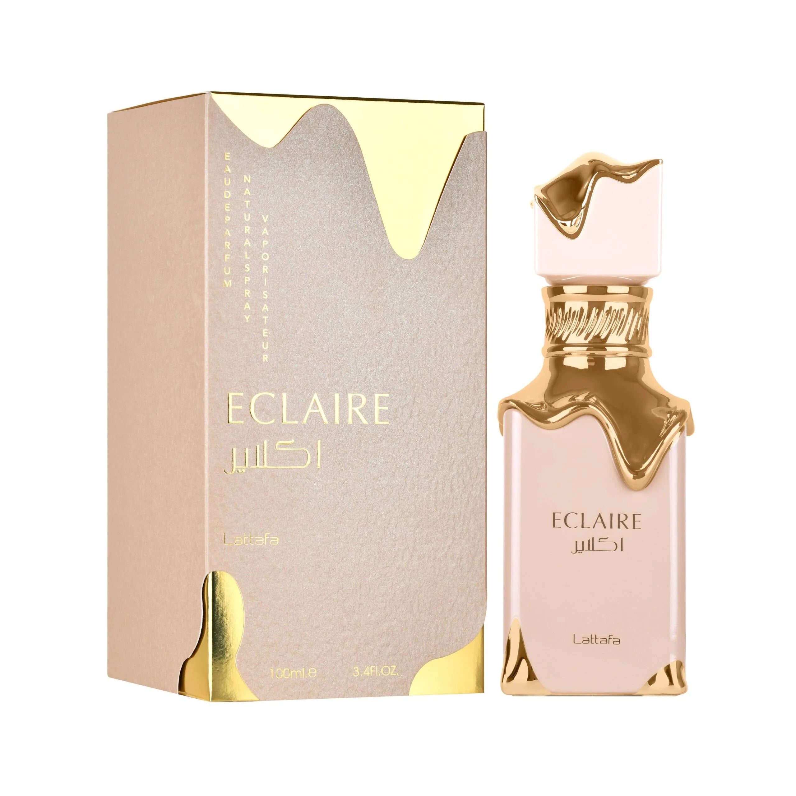 Eclaire perfume bottle and packaging on a white background