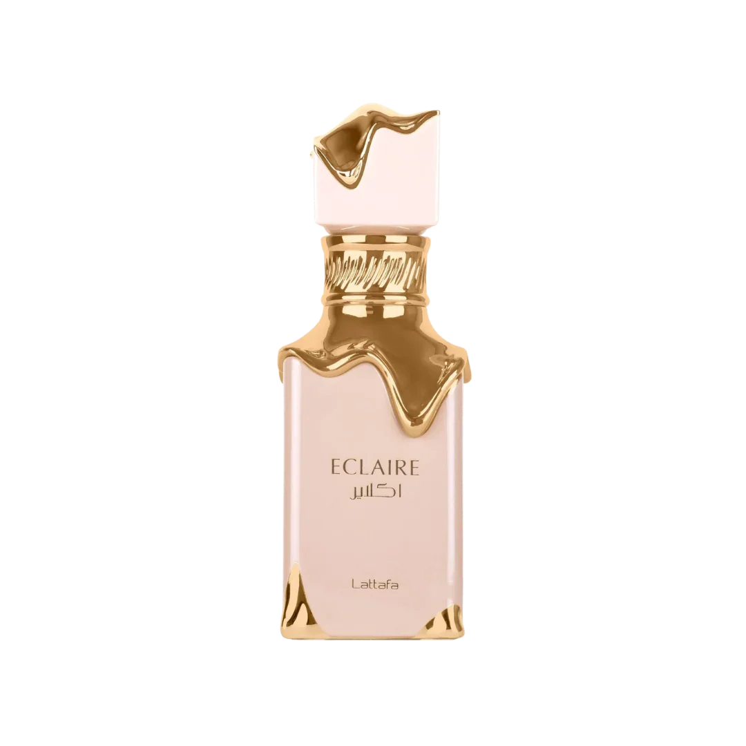 Eclaire perfume bottle with gold accents, luxury fragrance, Lattafa, elegant design