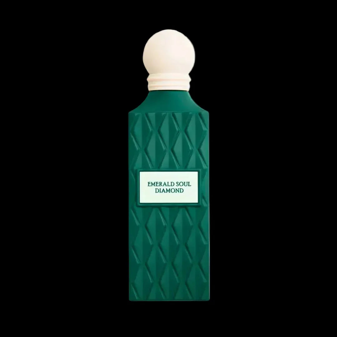 Emerald Soul Diamond perfume in a green textured bottle with white cap on black background.