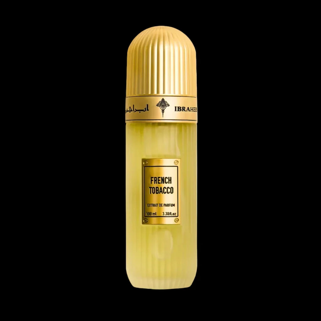 French Tobacco perfume 100ml gold bottle with ribbed cap on black background
