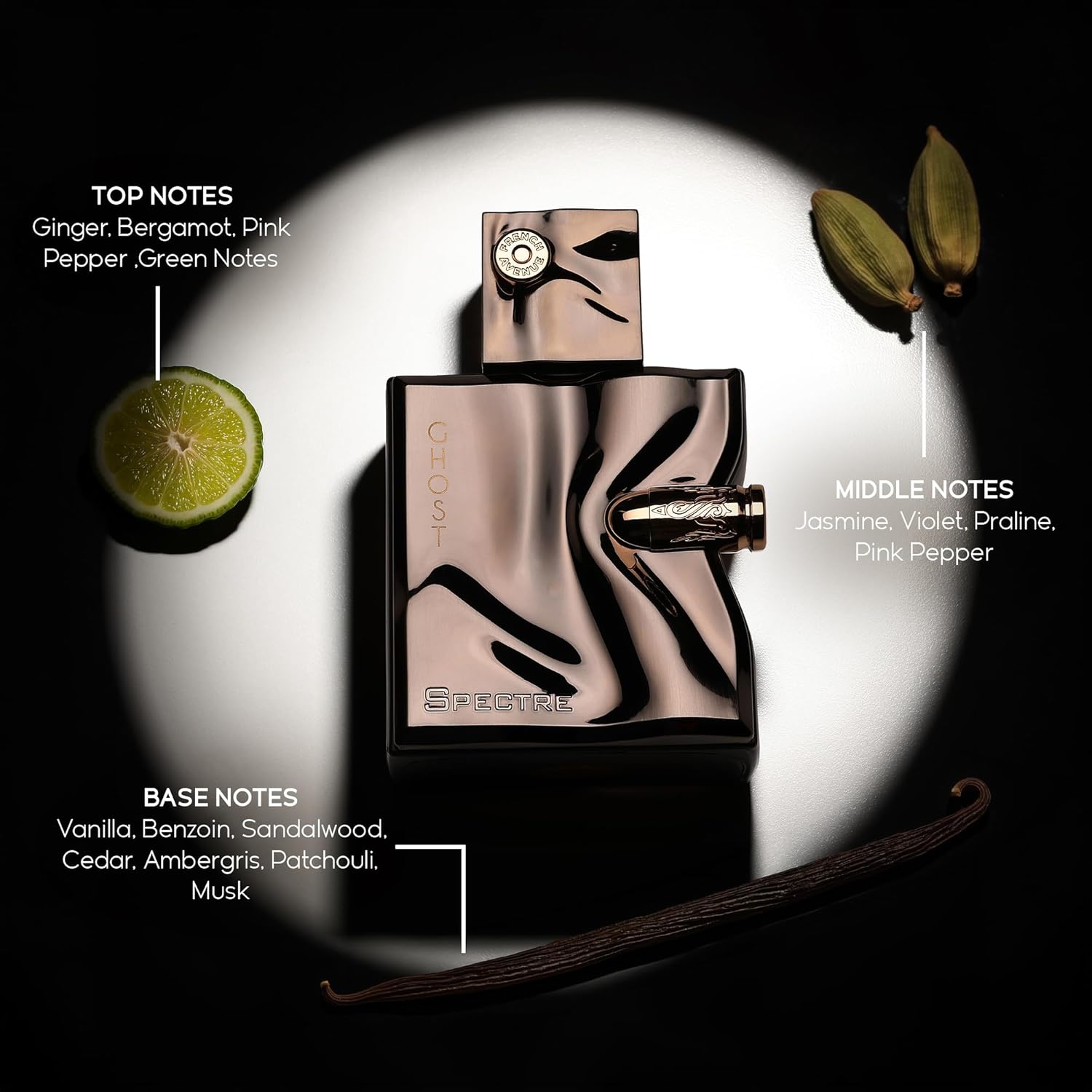 ghost spectre perfume by French Avenue bottle with notes labeled on a black background