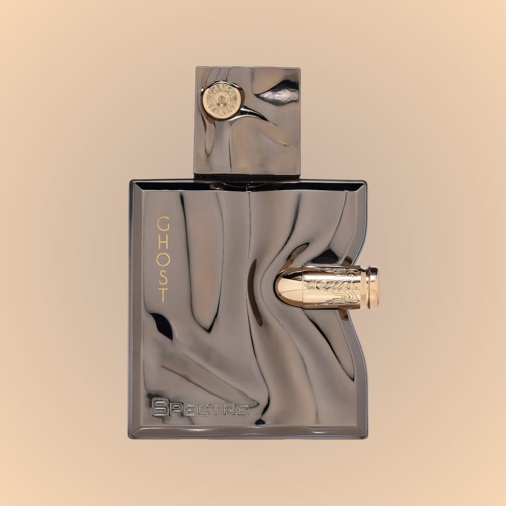 Ghost spectre Perfume bottle with gold accents on a beige background