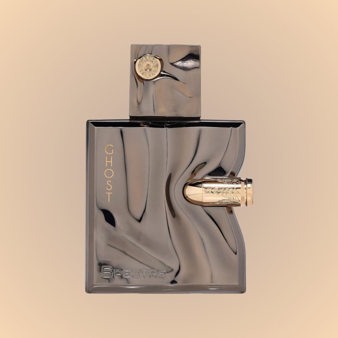 Ghost spectre Perfume bottle with gold accents on a beige background