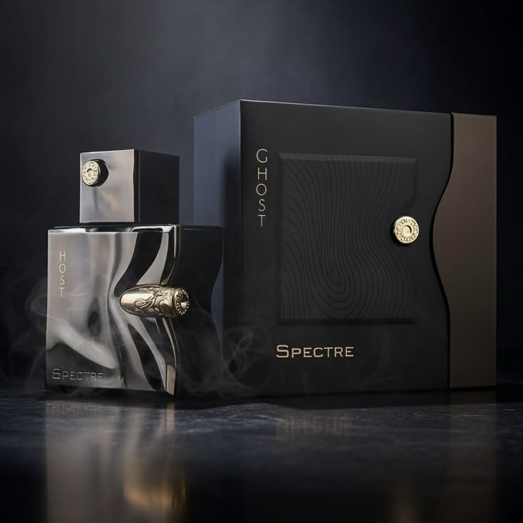 Ghost Spectre perfume bottle and packaging on a dark background