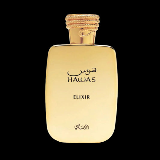 <img src="hawas-elixir-rasasi.jpg" alt="Hawas Elixir Eau de Parfum by Rasasi – 100ml men's fragrance in gold bottle with notes of lavender, mint, vanilla, benzoin, honey, tonka bean, and tobacco">
