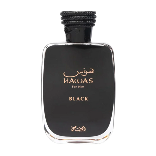 Hawas Black packaging – intense and elegant Rasasi perfume