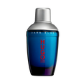 Dark blue Hugo Boss perfume bottle with silver cap and red logo on clear background