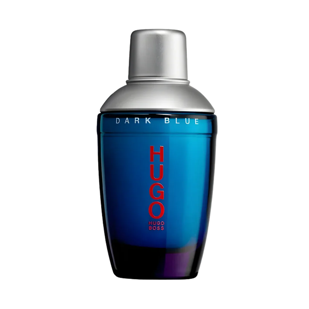 Dark blue Hugo Boss perfume bottle with silver cap and red logo on clear background