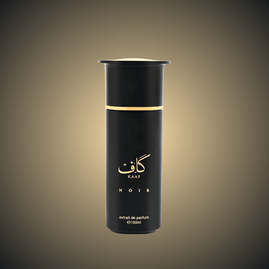 Black and gold perfume bottle with 'KAAF NOIR' branding on a gradient background