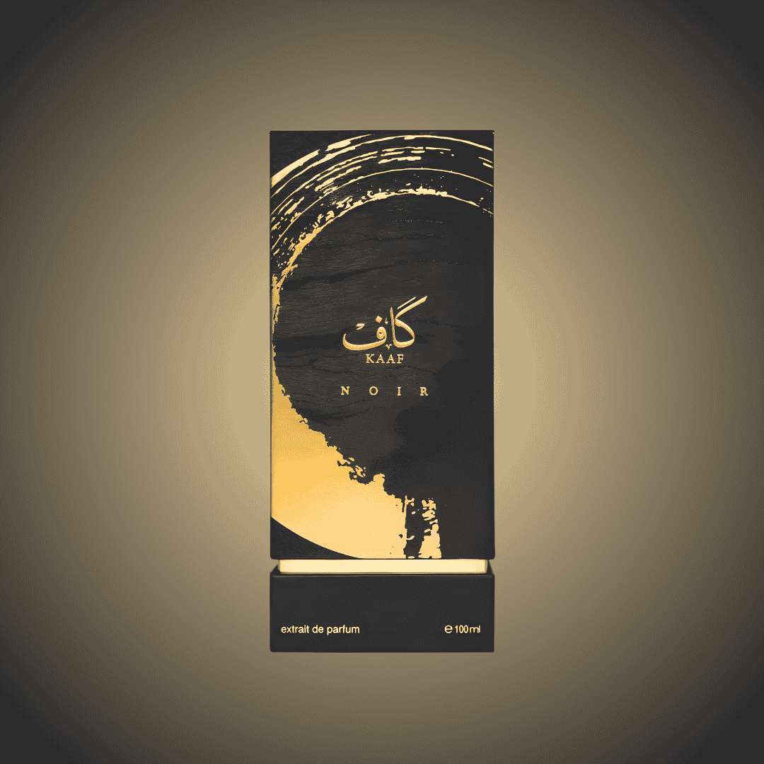 Black and gold perfume packaging with 'KAAF NOIR' branding on a dark background