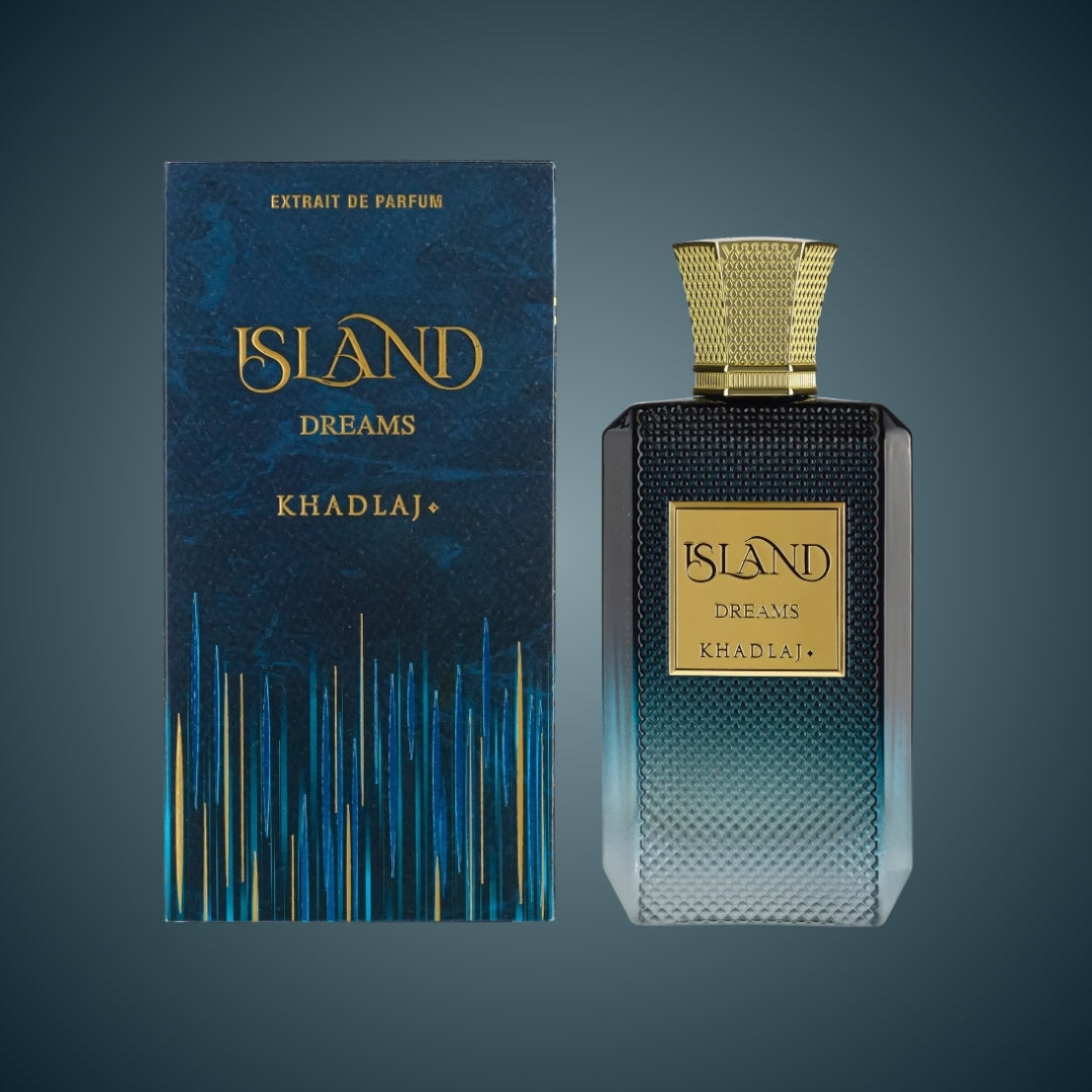 Perfume bottle and packaging of 'Island Dreams' by Khadlaj on a gradient background