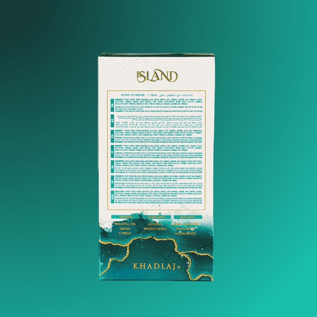 Khadlaj Island perfume packaging with text and branding on a teal background