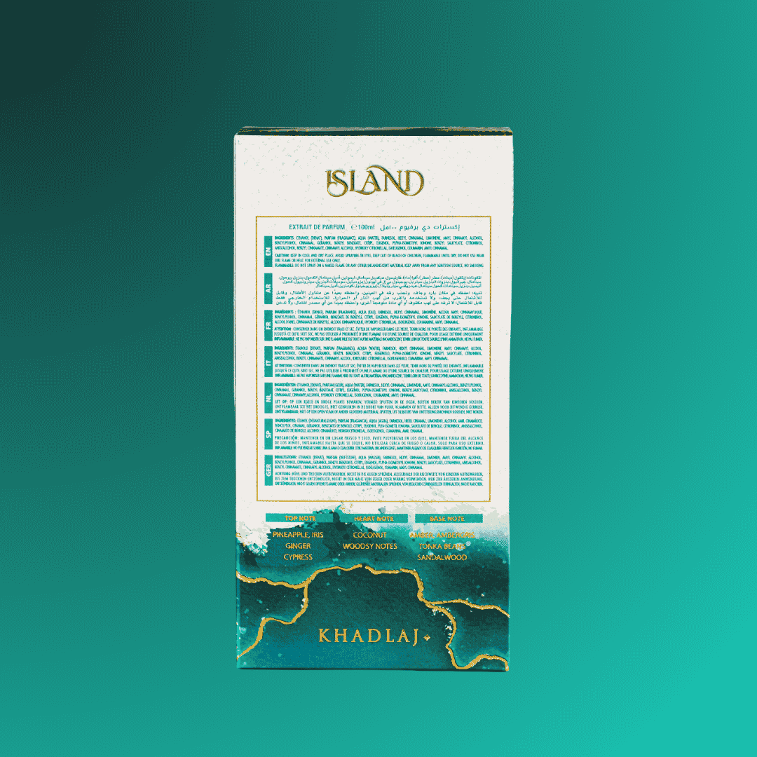 Khadlaj Island perfume packaging with text and branding on a teal background