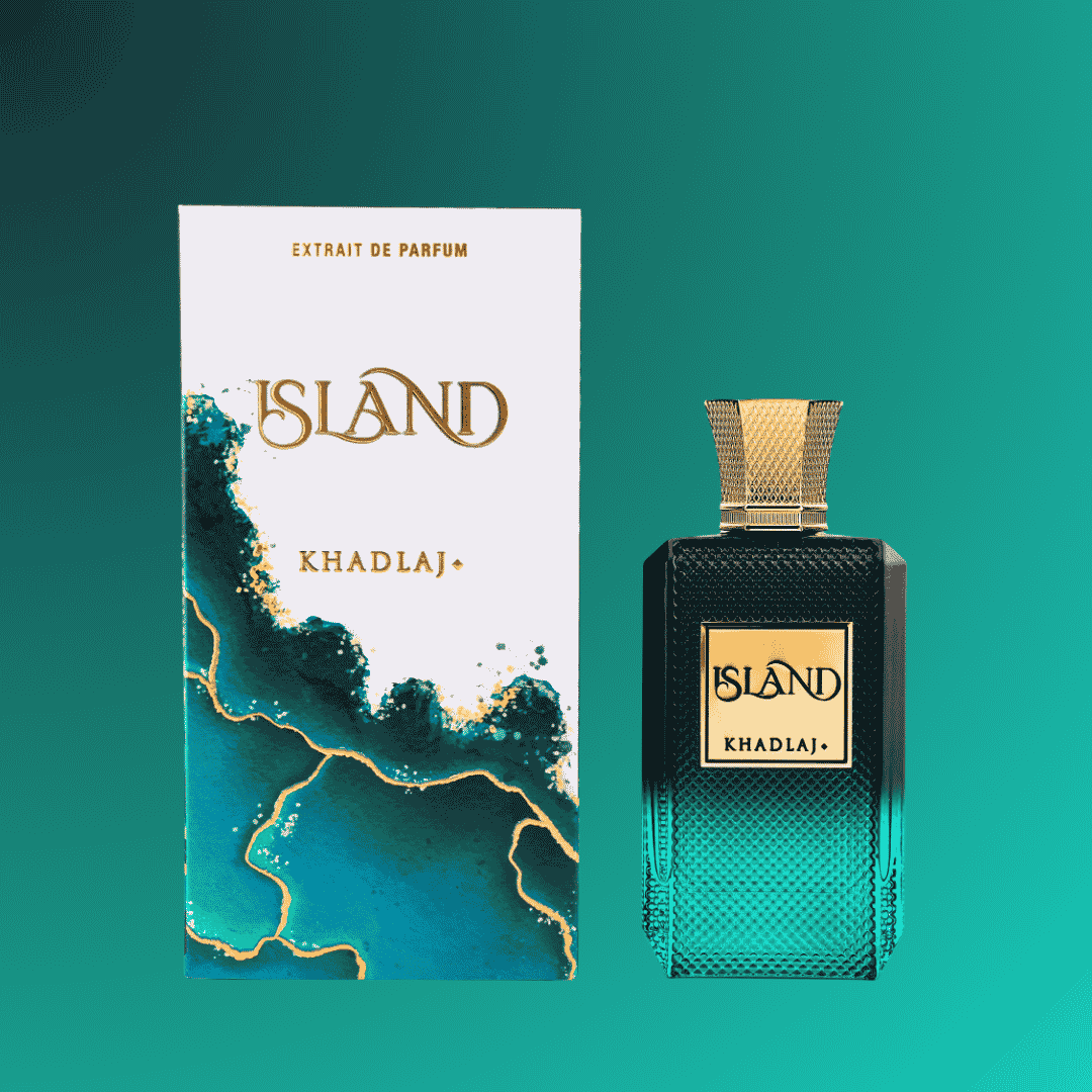 Khadlaj Island perfume bottle and packaging on a teal background
