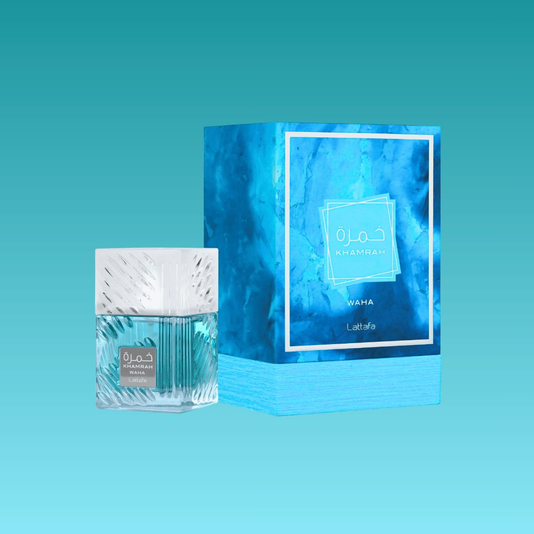 Khamrah Waha Lattafa perfume bottle and packaging with a blue gradient background